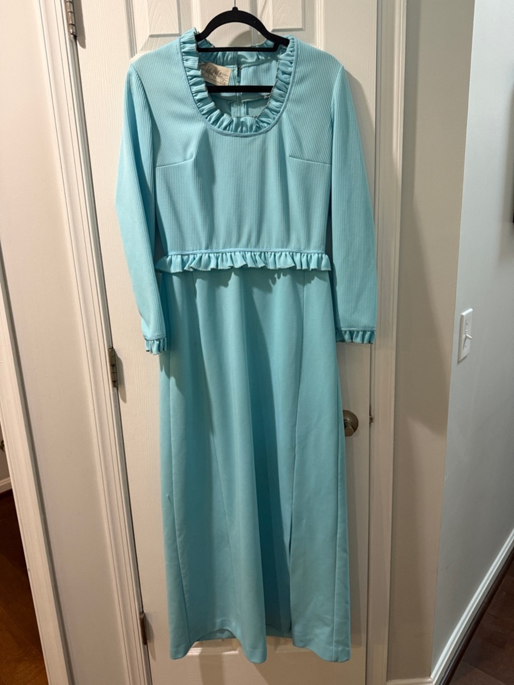 Vintage Light Aqua Ruffle-Trim Maxi Dress